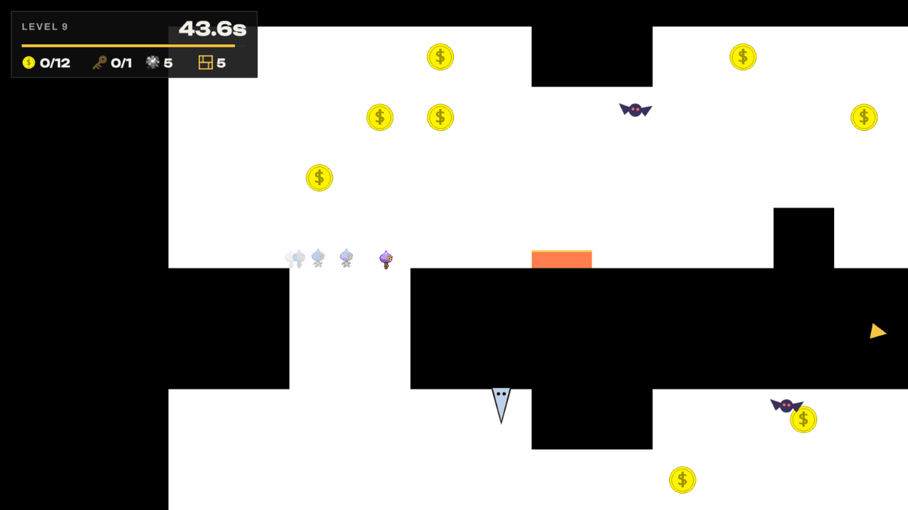 Lucky You gameplay: the player dashes through a generated level past bats, an icicle, a lava pool and coins.