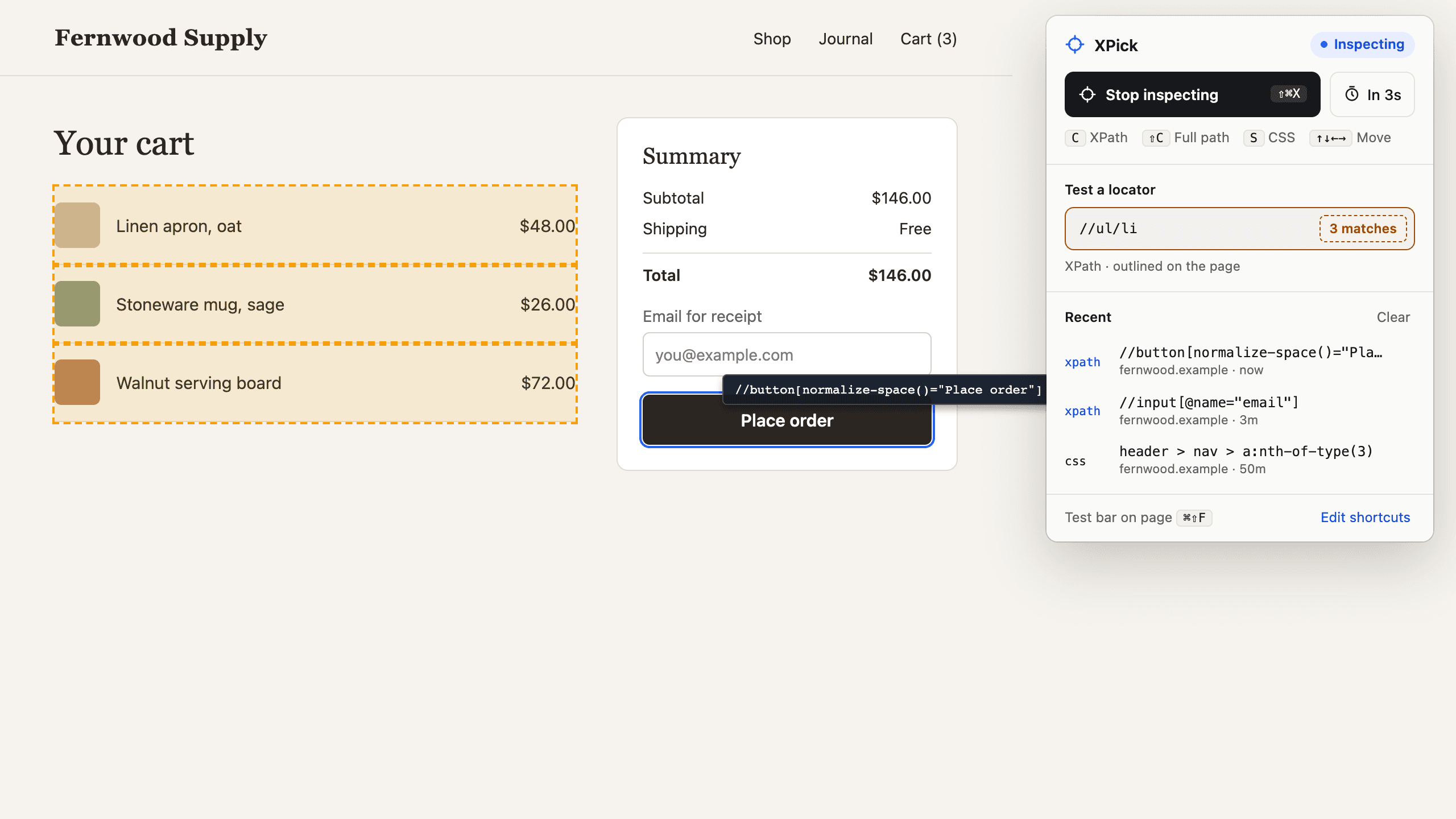 XPick on a checkout page: the hovered Place order button shows its XPath, and the popup's locator tester outlines three cart items.